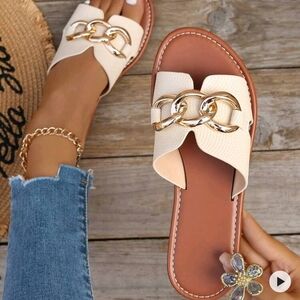Elegant Cream Slide Sandals with Gold Chain